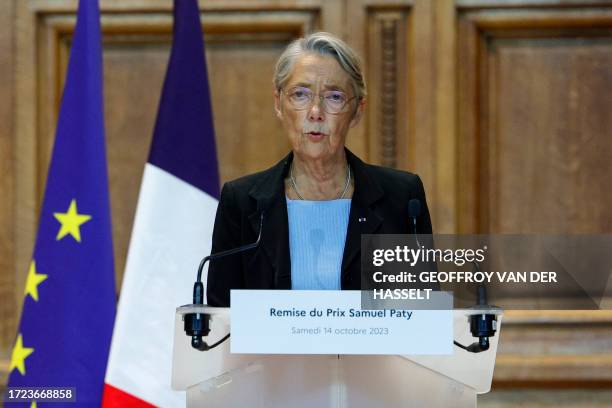 French Prime Minister Elisabeth Borne delivers a speech at the Sorbonne university in Paris on October 14 during the "Samuel Paty" award ceremony,...