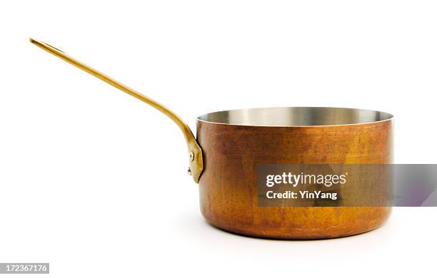 copper saucepan kitchen cooking pan isolated on white background - pan stock pictures, royalty-free photos & images