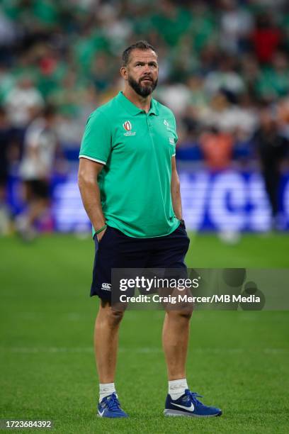 Head Coach Andy Farrell of Ireland looks on during the pre-match warm-up ahead of the Rugby World Cup France 2023 match between Ireland and Scotland...