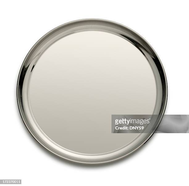 silver tray isolated on a white backgtound - tray stockfoto's en -beelden
