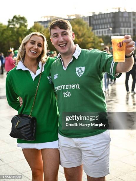 Paris , France - 14 October 2023; Ireland supporters Lucy Dillon and Ben Burns, from Castletroy, Limerick, before the 2023 Rugby World Cup...