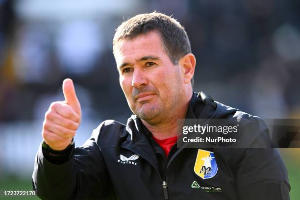 Nigel Clough, manager of Mansfield Town gives a thumbs-up after a 1-4 victory during the Sky Bet League 2 match between Notts County and Mansfield...