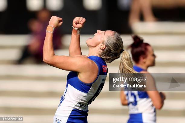 Alice O'Loughlin of the Kangaroos celebrates a goal during the round six AFLW match between Fremantle Dockers and North Melbourne Kangaroos at...