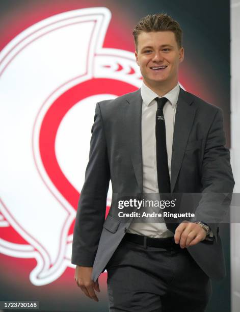 Tim Stützle of the Ottawa Senators arrives at the arena prior to a game against the Philadelphia Flyers at Canadian Tire Centre on October 14, 2023...