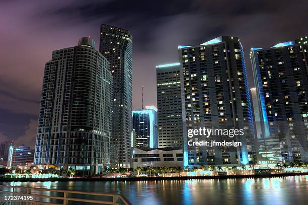 miami downtown highrising from brickell key - bridge architecture up close night stock pictures, royalty-free photos & images