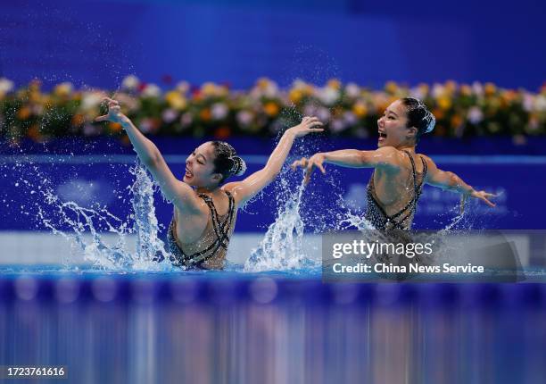 Yasunaga Mashiro and Higa Moe of Team Japan compete in the Artistic Swimming - Duet Free Routine on day 14 of the 19th Asian Games at Hangzhou...