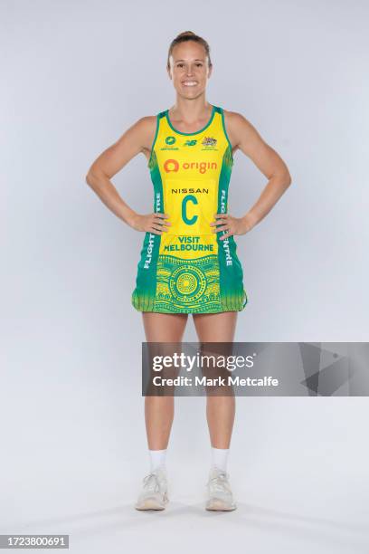 Paige Hadley poses during an Australia Diamonds Portrait Session at AIS on October 07, 2023 in Canberra, Australia.