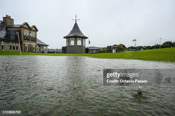 General view across the 10th hole and starter hut during rainfall ahead of Round Three during Day Four of the Alfred Dunhill Links Championship at...