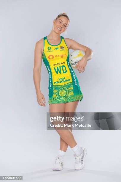 Jamie-Lee Price poses during an Australia Diamonds Portrait Session at AIS on October 07, 2023 in Canberra, Australia.