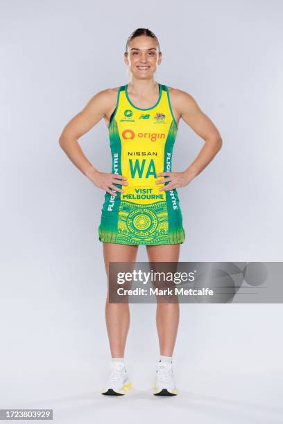 Liz Watson poses during an Australia Diamonds Portrait Session at AIS on October 07, 2023 in Canberra, Australia.