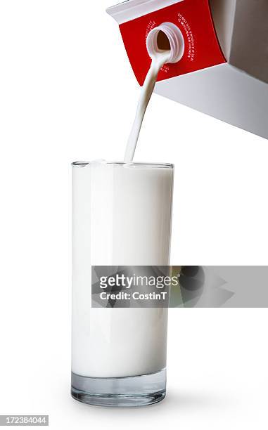 pouring milk. - glass box stockfoto's en -beelden