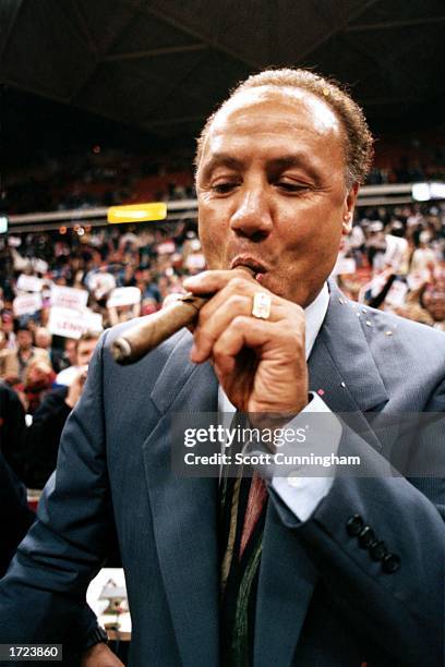 Head coach Lenny Wilkens of the Atlanta Hawks celebrates after winning a record 939 NBA games as a head coach after the NBA game against the...