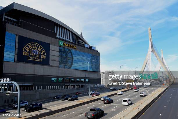 The Zakim Bridge before the game of the Boston Bruins against the Nashville Predators on October 14, 2023 at the TD Garden in Boston, Massachusetts.