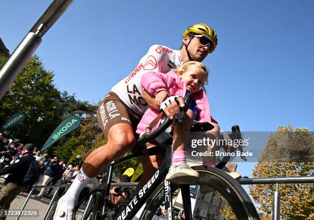 Greg Van Avermaet of Belgium and AG2R Citroën Team and his daughter prior to the 117th Paris - Tours 2023 a 213.9km one day race from Chartres to...