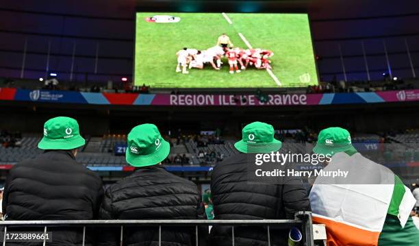 Paris , France - 14 October 2023; Ireland supporters watch the 2023 Rugby World Cup quarter-final match between Wales and Argentina on the big screen...