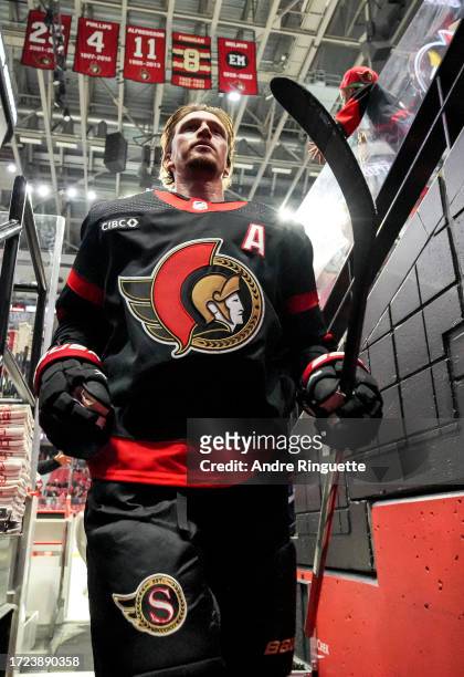Thomas Chabot of the Ottawa Senators leaves the ice after warmup prior to a game against the Philadelphia Flyers at Canadian Tire Centre on October...