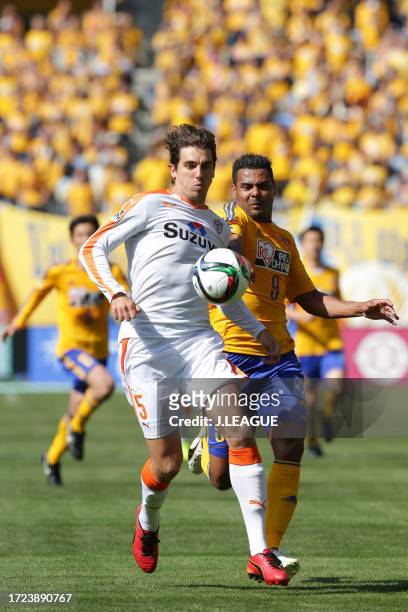 Dejan Jakovic of Shimizu S-Pulse controls the ball against Wilson Rodrigues Fonseca of Vegalta Sendai during the J.League J1 first stage match...