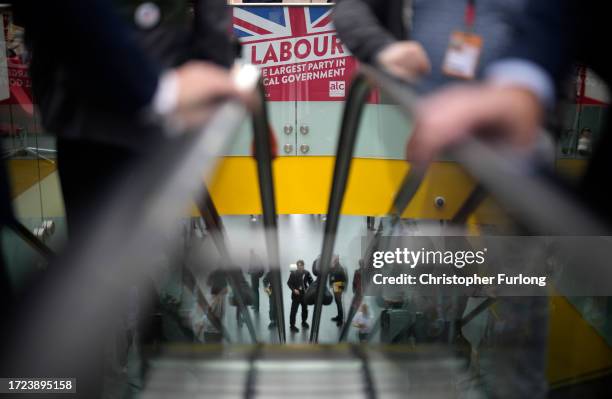 Delegates arrive at the Liverpool Convention Centre for day one of the Labour Party conference on October 08, 2023 in Liverpool, England. The Labour...