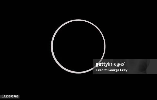 The moon crosses the sun completing its maximum eclipse during the Annular Solar Eclipse on October 14, 2023 in Capitol Reef National Park, Utah....