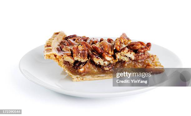 piece of pecan pie isolated - pecan pie stock pictures, royalty-free photos & images