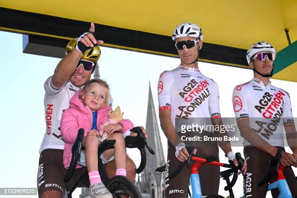 Greg Van Avermaet of Belgium and AG2R Citroën Team and his daughter prior to the 117th Paris - Tours 2023 a 213.9km one day race from Chartres to...