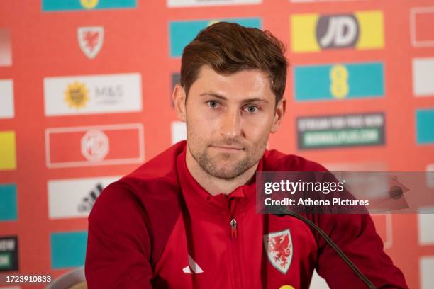 Ben Davies captain of Wales talks to the press during the Wales Press Conference at The Vale Resort on October 14, 2023 in Hensol, Wales.