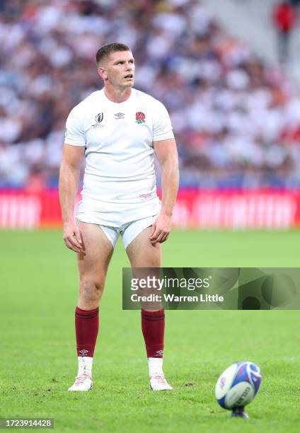 Owen Farrell of England kicks a penalty to become the all-time leading points scorer for England during the Rugby World Cup France 2023 match between...