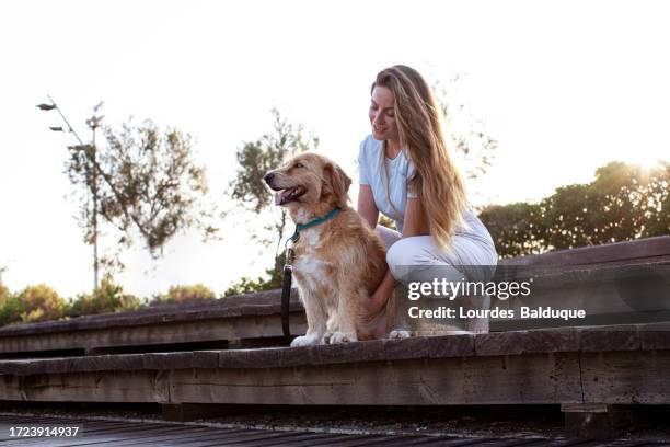 happy woman with her dog on the street - happy lady walking dog stockfoto's en -beelden