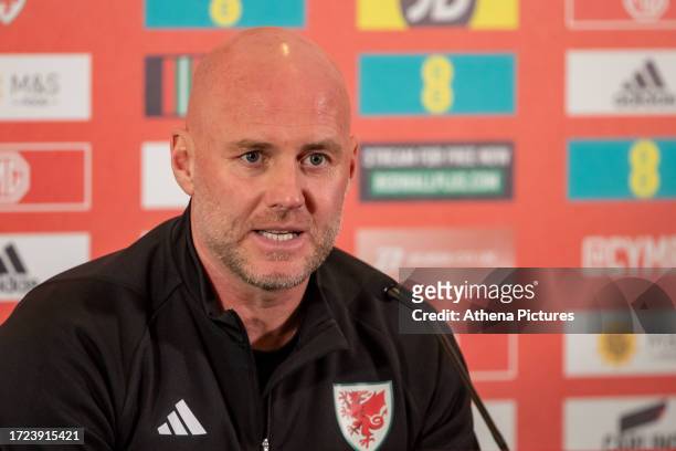 Rob Page head coach of Wales talks to the press during the Wales Press Conference at The Vale Resort on October 14, 2023 in Hensol, Wales.