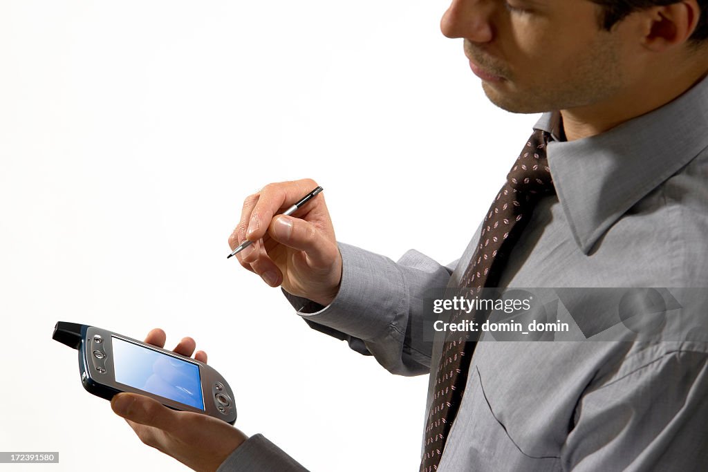 Close-up of man holding in hands mobile phone with scriber