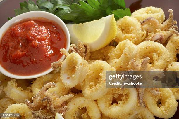 fried calamari with marinara sauce - cephalopod stockfoto's en -beelden