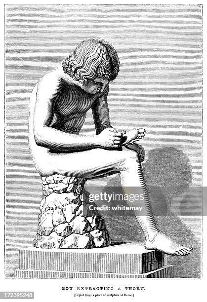 naked boy removing a thorn from his foot (victorian woodcut) - thorn like stock illustrations