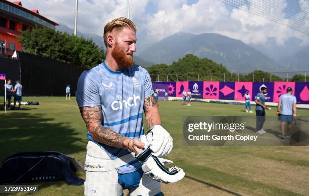 Ben Stokes of England prepares to bat during a nets session at Himachal Pradesh Cricket Association Stadium on October 08, 2023 in Dharamsala, India.