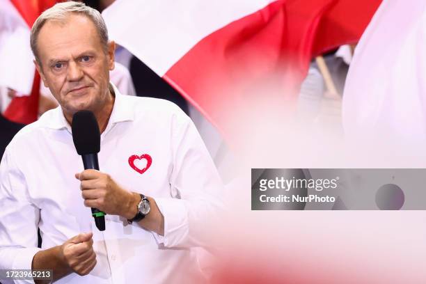 Donald Tusk, the leader of Civic Platform opposition alliance, speaks during election convention in Katowice, Poland on October 12, 2023. This year's...