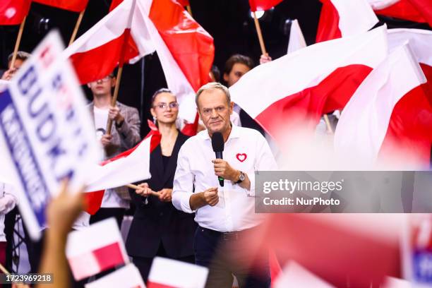 Donald Tusk, the leader of Civic Platform opposition alliance, speaks during election convention in Katowice, Poland on October 12, 2023. This year's...