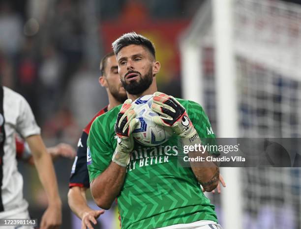 Olivier Giroud of AC Milan in action during the Serie A TIM match between Genoa CFC and AC Milan at Stadio Luigi Ferraris on October 07, 2023 in...