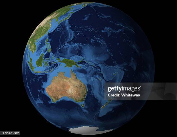 world globe aus australien und neuseeland - new zealand map stock-fotos und bilder