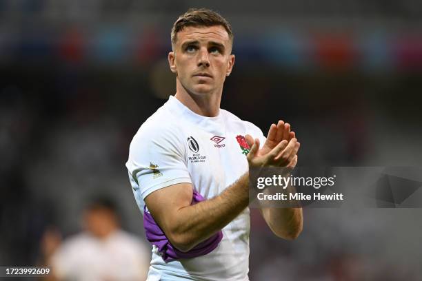 George Ford of England applauds the fans at the end of the Rugby World Cup France 2023 match between England and Samoa at Stade Pierre Mauroy on...