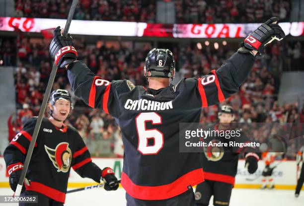 Jakob Chychrun of the Ottawa Senators celebrates his first period goal and second of the game against the Philadelphia Flyers at Canadian Tire Centre...