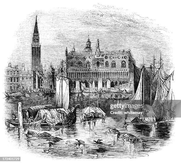ilustrações, clipart, desenhos animados e ícones de ducal palace e o campanário, veneza (victorian estampa xilográfica) - quayside