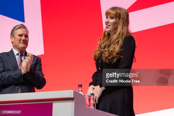 Angela Rayner Labour MP for Ashton - under - Lyne, shadow deputy prime minister on stage with Kier Starmer leader of the Labour Party after...