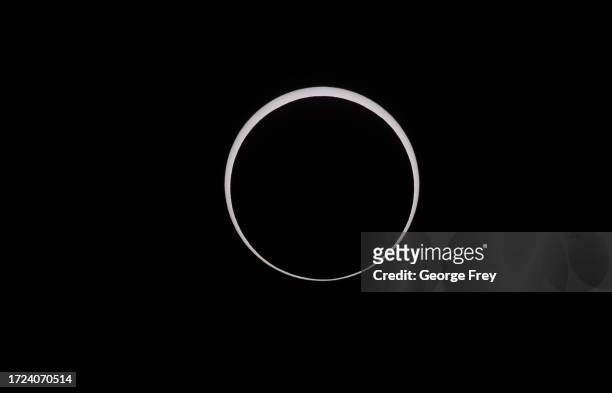 The moon crosses the sun as it exits the maximum eclipse during the Annular Solar Eclipse on October 14, 2023 in Capitol Reef National Park, Utah....