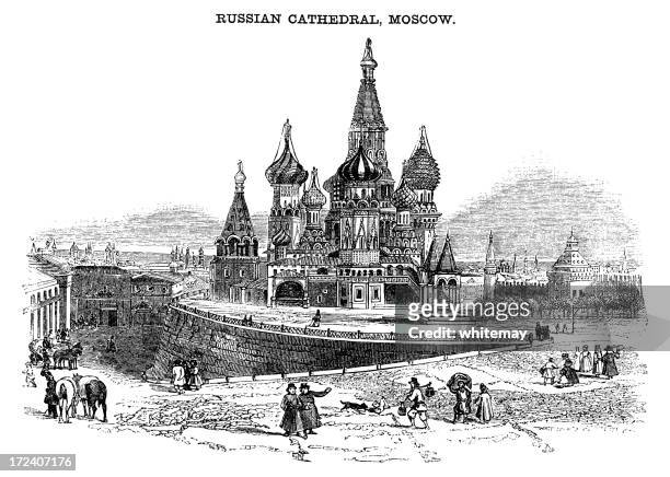 ilustraciones, imágenes clip art, dibujos animados e iconos de stock de saint basil's cathedral, moscow (victorian grabado en madera) - onion dome