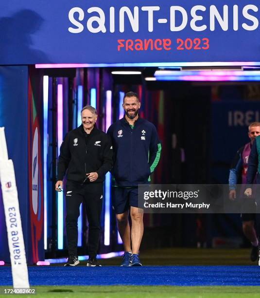 Paris , France - 14 October 2023; New Zealand assistant coach Joe Schmidt, left, and Ireland head coach Andy Farrell before the 2023 Rugby World Cup...