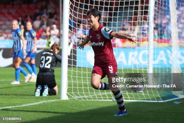 Riko Ueki of West Ham United celebrates after scoring the team's second goal during the Barclays Women´s Super League match between Brighton & Hove...