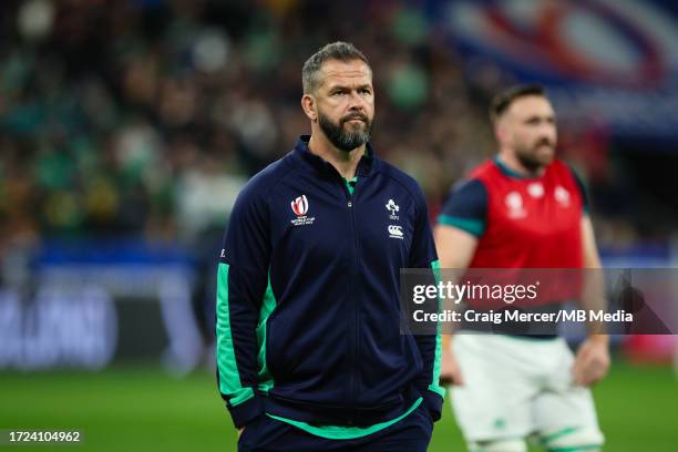 Ireland Head Coach Andy Farrell looks on during the pre match warm up ahead of the Rugby World Cup France 2023 Quarter Final match between Ireland...