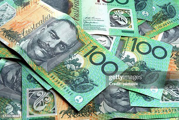 australian 100 dollar notes - australian currency stock pictures, royalty-free photos & images