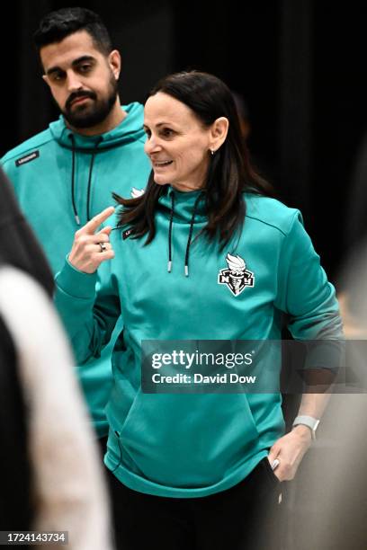 Sandy Brondello talks with her players during practice and media availability at the 2023 WNBA Finals on October 14, 2023 in Brooklyn, New York. NOTE...