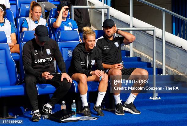 Darren Carter, Manager of Birmingham City, looks on during the Barclays Women's Championship match between Birmingham City and Sunderland at St...