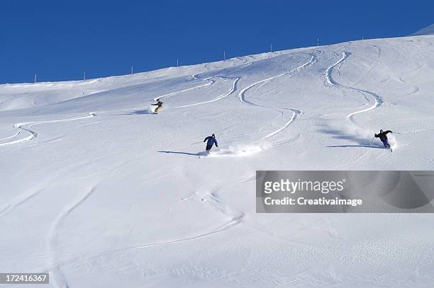 gruppo telemarker in neve fresca - freestyle skiing stock-fotos und bilder